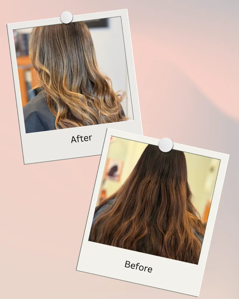 Balayage before and after result at Barclay's Salon