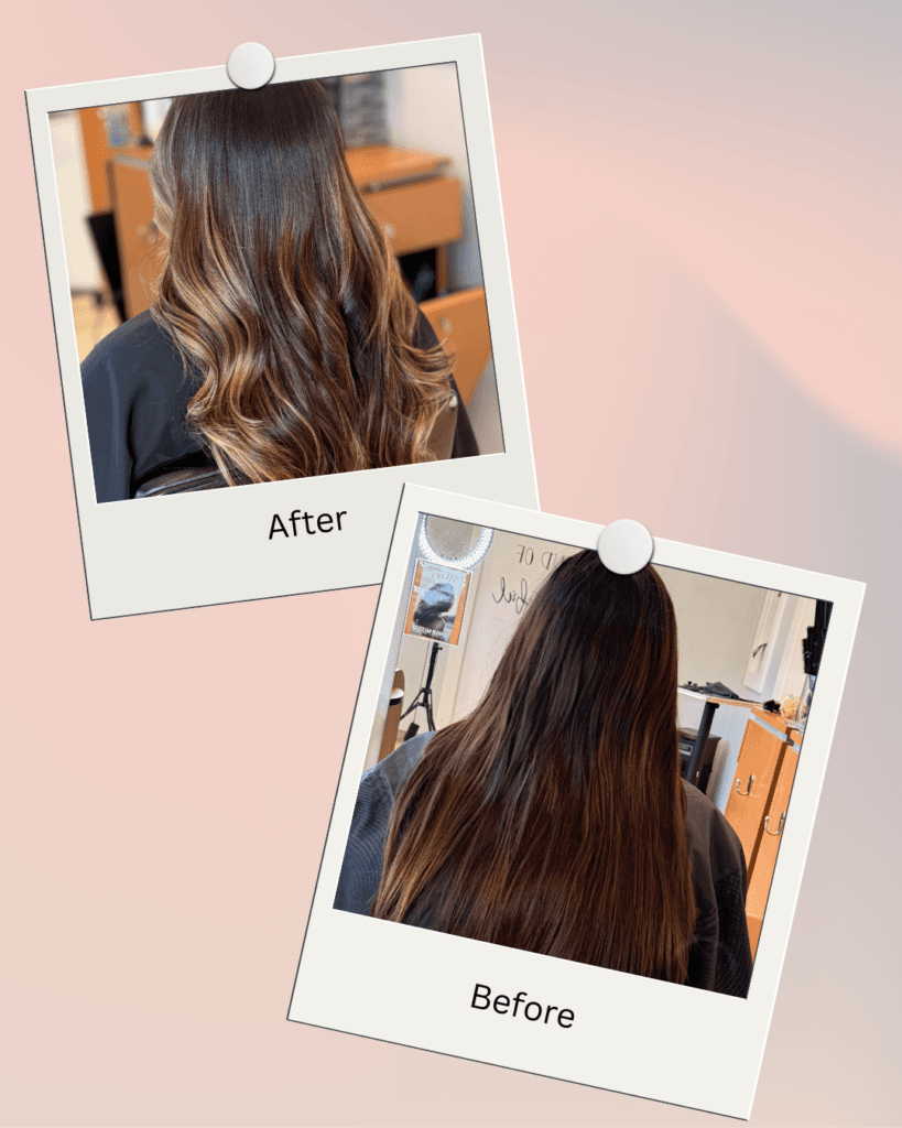 Balayage before and after result at Barclay's Salon