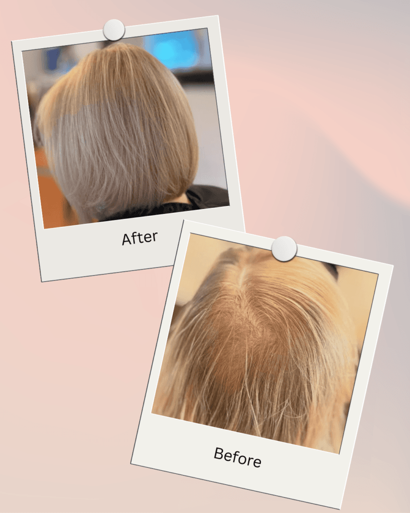 Blonde before and after result at Barclay's Salon