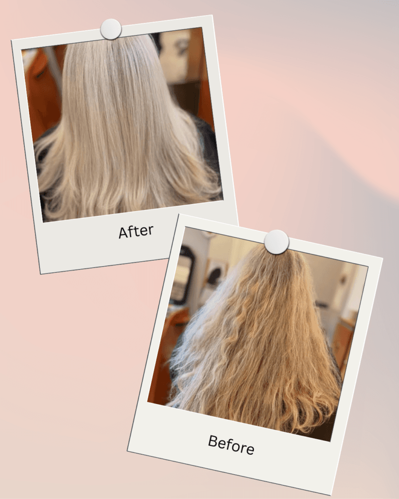 Blonde before and after result at Barclay's Salon